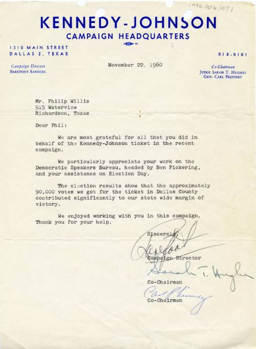 Letter from the Kennedy-Johnson campaign to Phil Willis