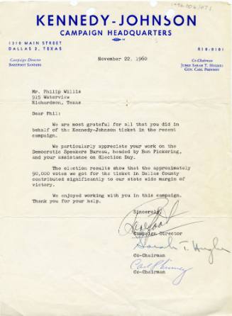 Letter from the Kennedy-Johnson campaign to Phil Willis