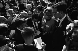Image of Senator Ralph Yarborough and the press outside Parkland Hospital