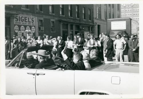Black and white photograph of Vice President Johnson's car in the motorcade