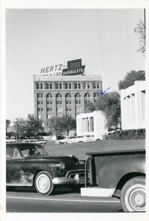 Black and white photograph of the Texas School Book Depository