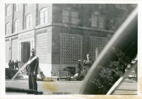 Black and white photograph of the Texas School Book Depository