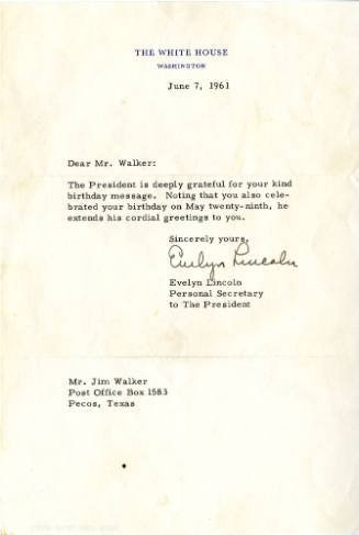 Letter to Jim Walker from Evelyn Lincoln