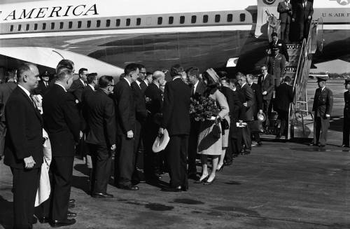 Image of Govenor Connally and the Kennedys greeting dignitaries at Love Field
