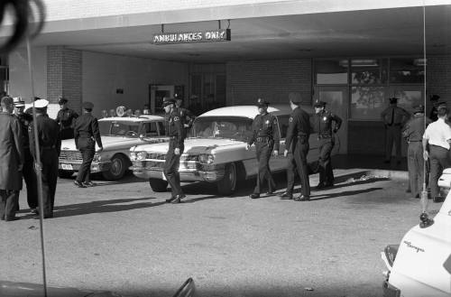 Image of a hearse outside Parkland Hospital