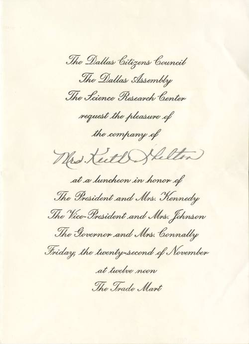 Dallas Trade Mart luncheon invitation for spouse of reporter Keith Shelton