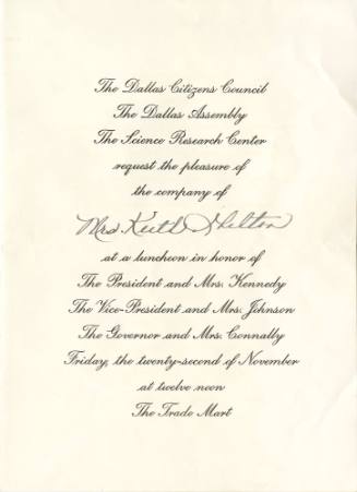 Dallas Trade Mart luncheon invitation for spouse of reporter Keith Shelton