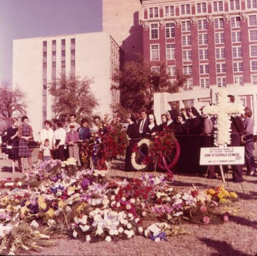 Image of flowers in Dealey Plaza several days after the assassination