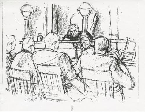 Copy of courtroom sketch of Jack Ruby trial courtroom by artist Gary Artzt