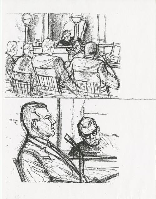 Copy of courtroom sketch of Jack Ruby trial courtroom by artist Gary Artzt