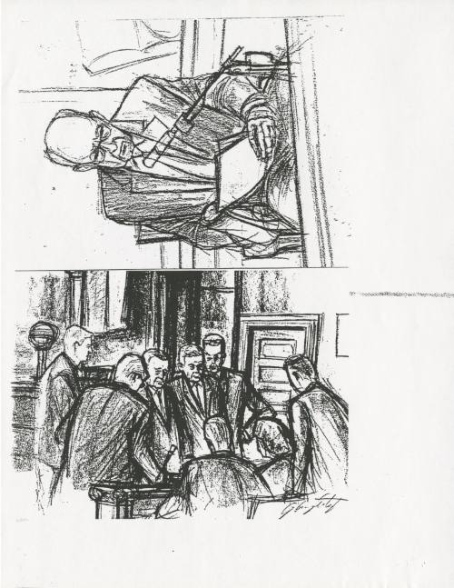 Copy of courtroom sketch of Jack Ruby trial courtroom by artist Gary Artzt