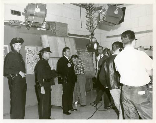 Black and white photograph of WFAA-TV news studio the day of the assassination