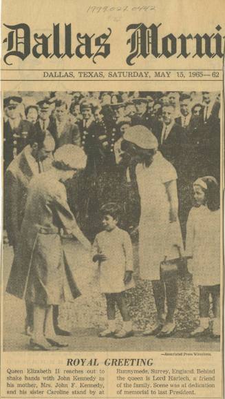 "Royal Greeting," clipping from The Dallas Morning News from May 15, 1965