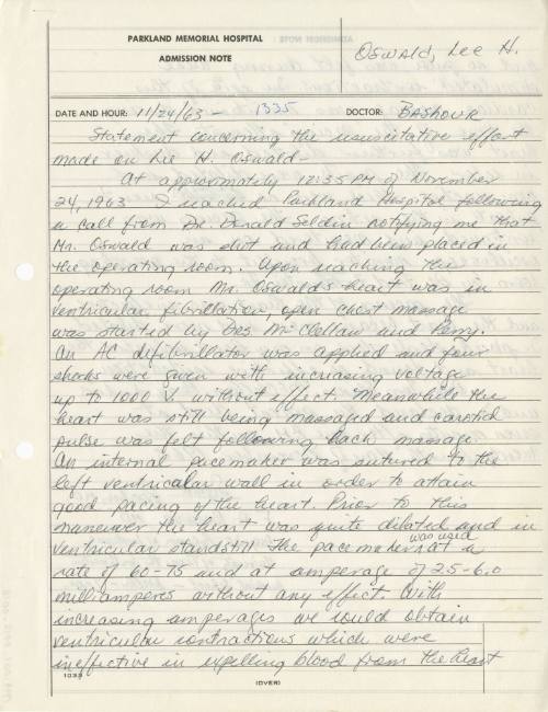 Dr. Fouad A. Bashour's handwritten doctor's statement about treatment of Oswald