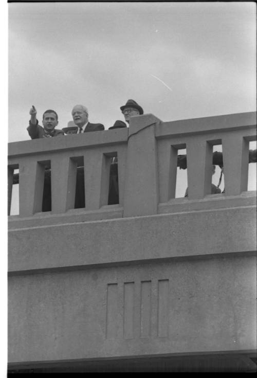 Image of members of the Warren Commission standing above the triple underpass