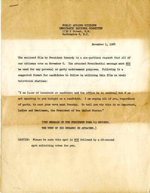 Typed letter about a public service announcement featuring President Kennedy