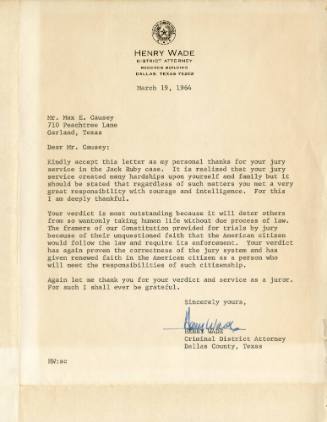 Letter addressed to Max Causey from Dallas County District Attorney Henry Wade