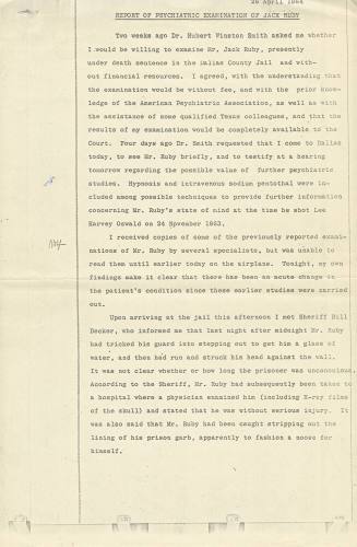 T25 Report of Psychiatric Examination of Jack Ruby by Dr. Louis Jolyon West