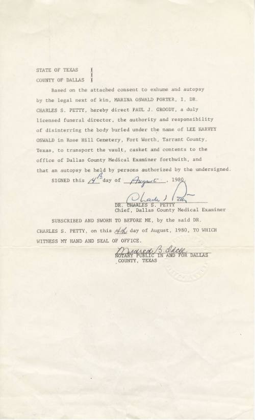 Notarized authorization to exhume and autopsy the body of Lee Harvey Oswald