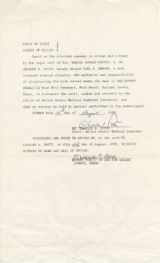 Notarized authorization to exhume and autopsy the body of Lee Harvey Oswald