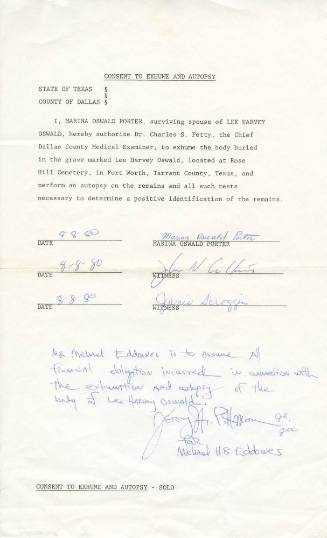 "Consent to Exhume and Autopsy" form signed by Marina Oswald Porter