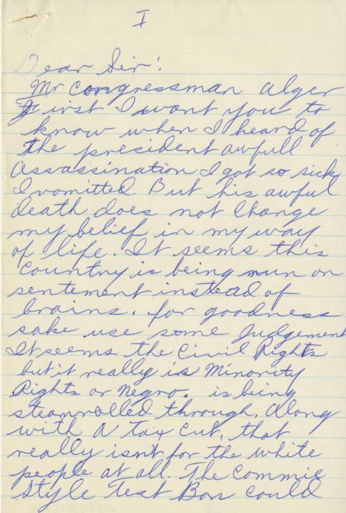 Letter to Congressman Bruce Alger from Dallas resident
