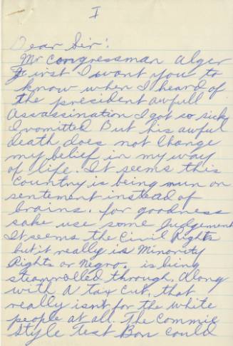 Letter to Congressman Bruce Alger from Dallas resident