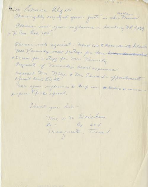 Letter to Congressman Bruce Alger from resident of Mesquite, TX