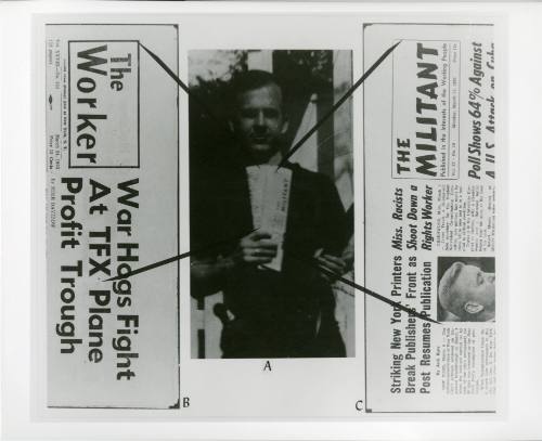 Photograph of Lee Harvey Oswald with insets of Marxist pamphlets