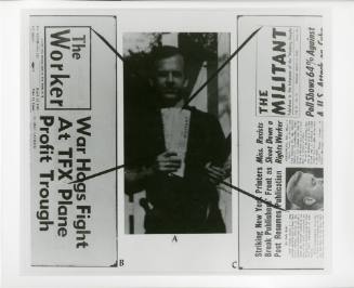 Photograph of Lee Harvey Oswald with insets of Marxist pamphlets