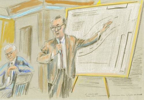 Courtroom sketch of Lyndal Shaneyfelt testifying during the Clay Shaw trial