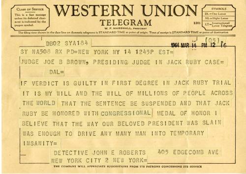 Telegram sent to Judge Brown before the Ruby trial verdict was announced