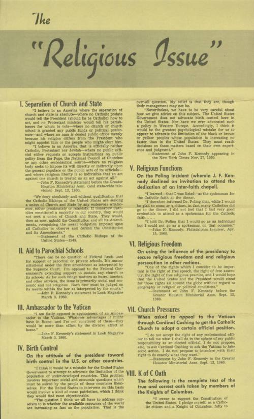 "The 'Religious Issue'" brochure from the 1960 presidential campaign
