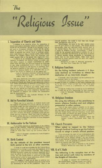 "The 'Religious Issue'" brochure from the 1960 presidential campaign
