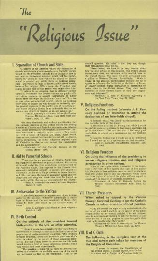 "The 'Religious Issue'" brochure from the 1960 presidential campaign
