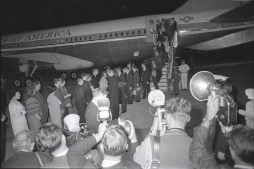 Image of official party disembarking Air Force One at Carswell Air Force Base