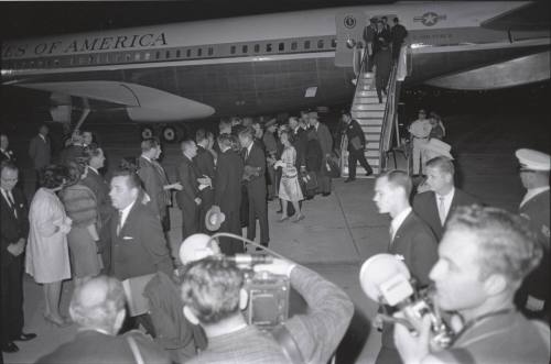 Image of official party disembarking Air Force One at Carswell Air Force Base