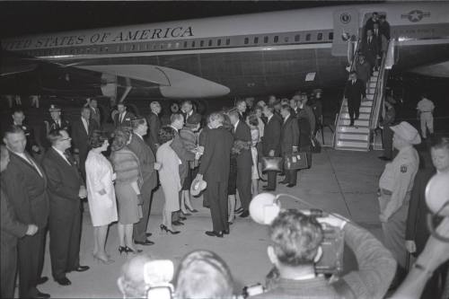 Image of official party disembarking Air Force One at Carswell Air Force Base