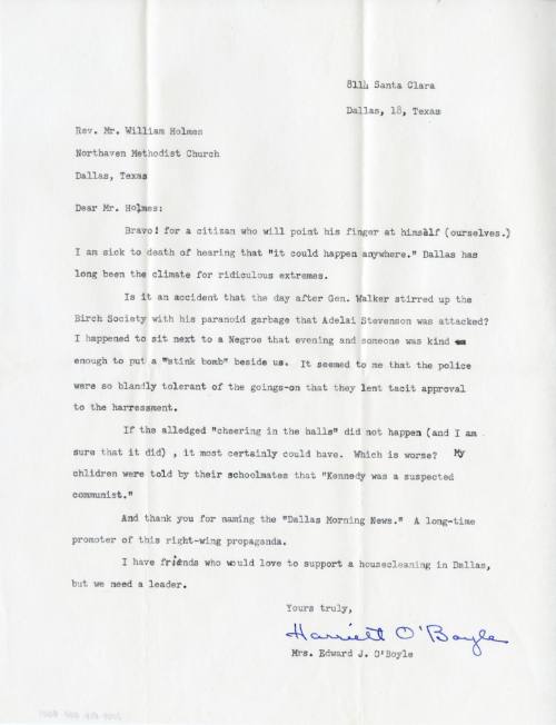 Letter to Reverend William A. Holmes from Harriett O'Boyle