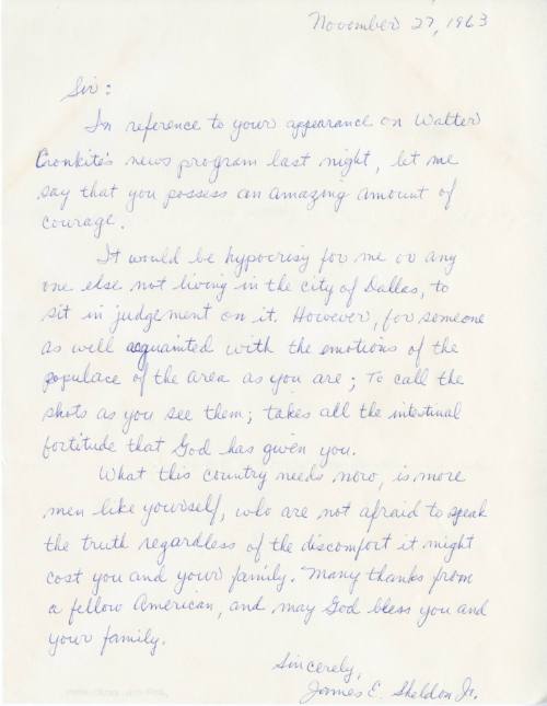 Letter to Reverend William A. Holmes from James E. Sheldon, Jr.