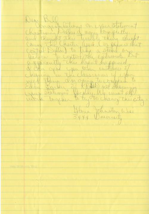 Letter sent to Reverend William A. Holmes from Gloria Johnston Wise