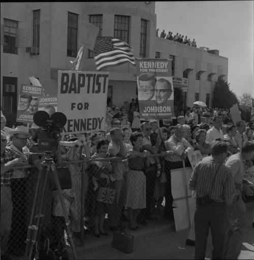 Image of crowds waiting for Kennedy at Meacham Field in Fort Worth