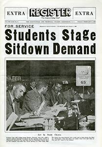 Reprint of the A&T College Register with headline about lunch counter sit-in