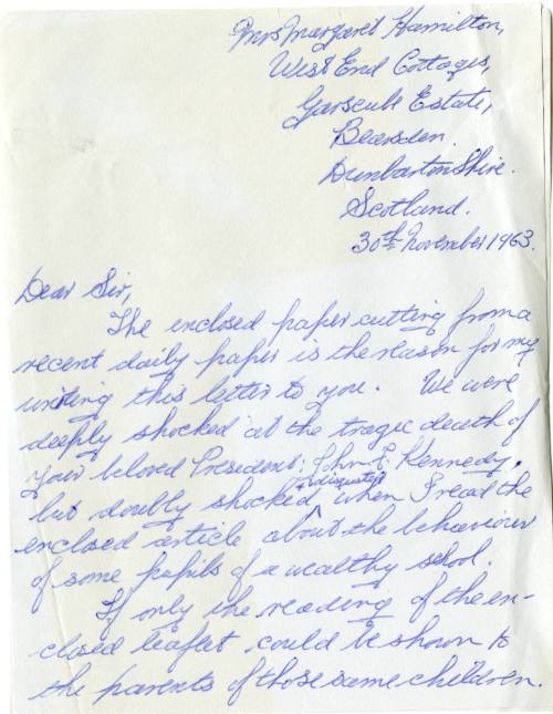 Letter with enclosures sent to Reverend William A. Holmes by Margaret Hamilton
