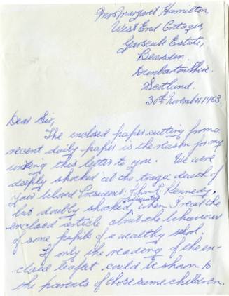 Letter with enclosures sent to Reverend William A. Holmes by Margaret Hamilton