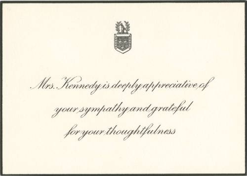 Sympathy acknowledgement notecard from Jacqueline Kennedy