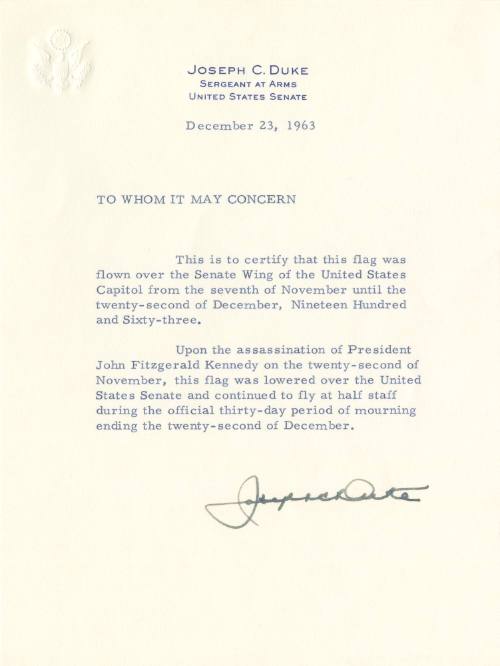 Letter of authenticity for flag flown over U.S. Senate during mourning period
