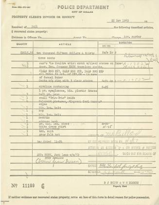 Dallas Police Department property receipt for Jack Ruby