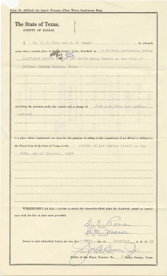 Affidavit for search warrant of Jack Ruby's residence