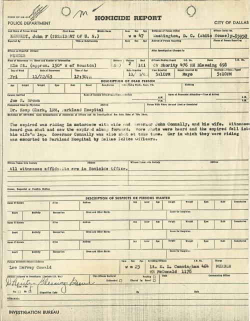 Dallas Police Department Homicide Report for President John F. Kennedy